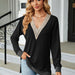 Color-Autumn Winter Lace V-Collar Contrast Color Slit Loose Long Sleeve T-shirt Top Ladies-Fancey Boutique