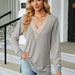 Color-Autumn Winter Lace V-Collar Contrast Color Slit Loose Long Sleeve T-shirt Top Ladies-Fancey Boutique