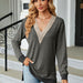 Color-Autumn Winter Lace V-Collar Contrast Color Slit Loose Long Sleeve T-shirt Top Ladies-Fancey Boutique