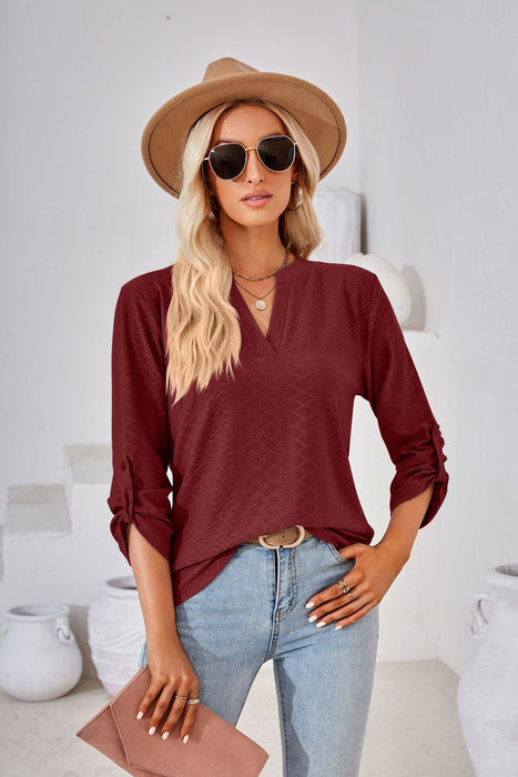 Color-Autumn Winter Solid Color V-neck Three-Quarter Sleeve Button Loose-Fitting T-shirt Top Women-Fancey Boutique