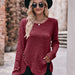 Color-Women round-Neck Sunken Stripe Brushed Solid Color Top Long Sleeve Button T-shirt-Fancey Boutique