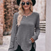 Color-Women round-Neck Sunken Stripe Brushed Solid Color Top Long Sleeve Button T-shirt-Fancey Boutique