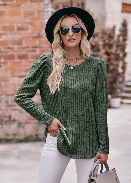 Color-Women round-Neck Puff Sleeve Brushed Sunken Stripe Solid Color Upper Clothes Long Sleeves T-shirt-Fancey Boutique