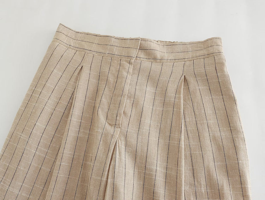 Color-Women Linen Striped Blazer Short Top Pleated Pants Suits-Fancey Boutique