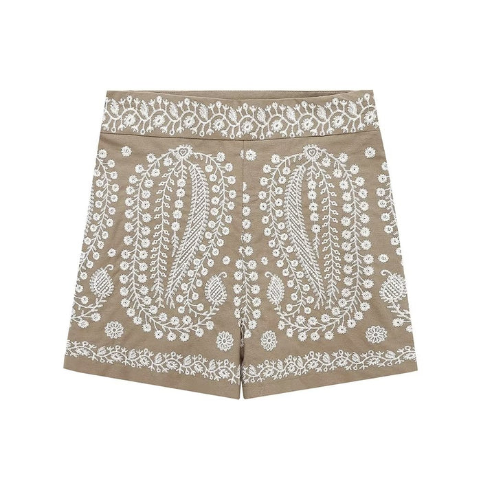 Color-Summer Women Clothing Street Casual Linen Embroidery Shorts-Fancey Boutique