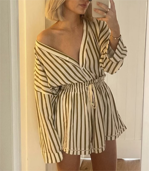 Color-Spring Women Clothing Beige Stripes Top Short Two Piece Set-Fancey Boutique