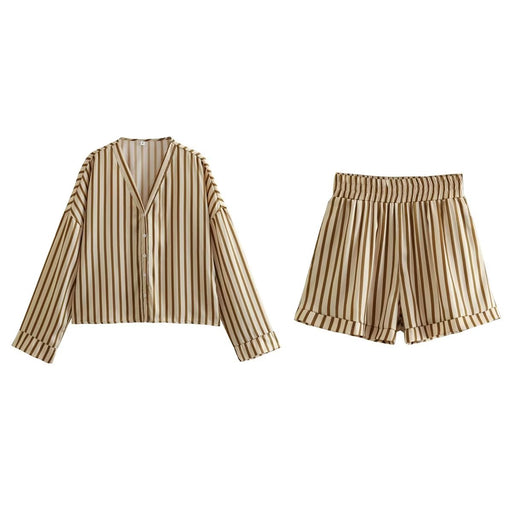 Color-Stripe-Spring Women Clothing Beige Stripes Top Short Two Piece Set-Fancey Boutique