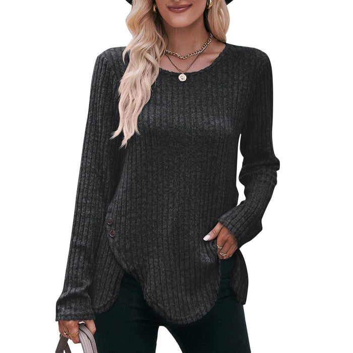 Color-Dark Grey-1-Women round-Neck Sunken Stripe Brushed Solid Color Top Long Sleeve Button T-shirt-Fancey Boutique