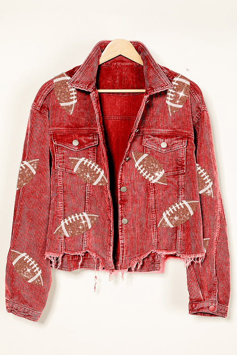 Color-Red-Autumn Winter Corduroy Rugby Sequined Jacket Jacket Women Short Tassel Varsity Jacket-Fancey Boutique