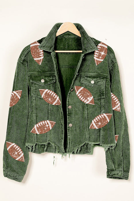 Color-Green-Autumn Winter Corduroy Rugby Sequined Jacket Jacket Women Short Tassel Varsity Jacket-Fancey Boutique