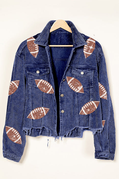 Color-Blue-Autumn Winter Corduroy Rugby Sequined Jacket Jacket Women Short Tassel Varsity Jacket-Fancey Boutique