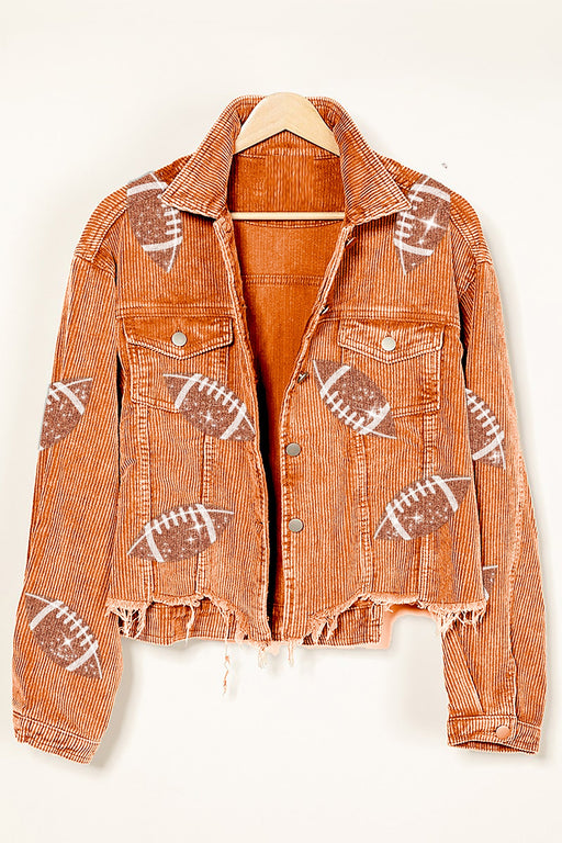 Color-Orange-Autumn Winter Corduroy Rugby Sequined Jacket Jacket Women Short Tassel Varsity Jacket-Fancey Boutique