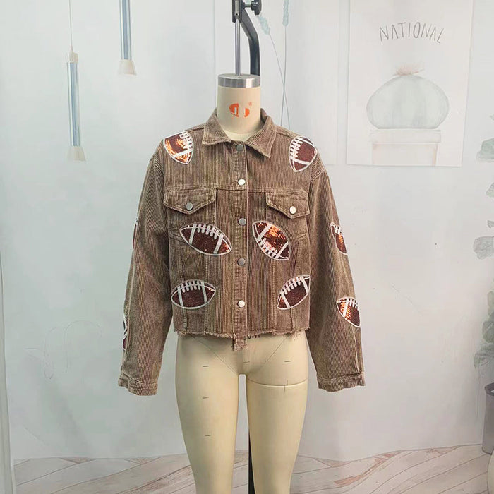 Color-Brown-Autumn Winter Corduroy Rugby Sequined Jacket Jacket Women Short Tassel Varsity Jacket-Fancey Boutique