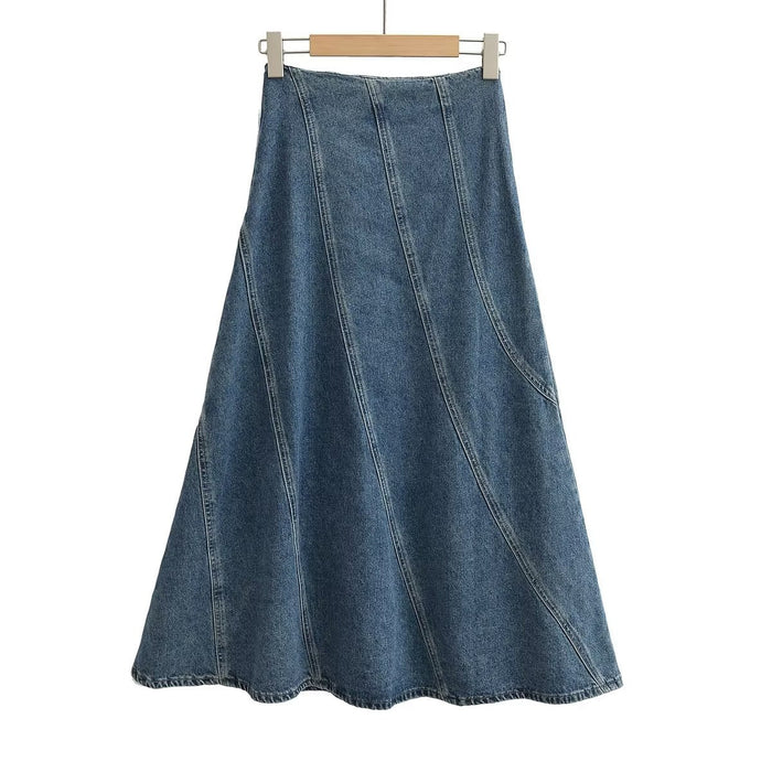 Color-Women Summer Graceful Fashionable Split Line Intellectual High Waist Denim Skirt-Fancey Boutique