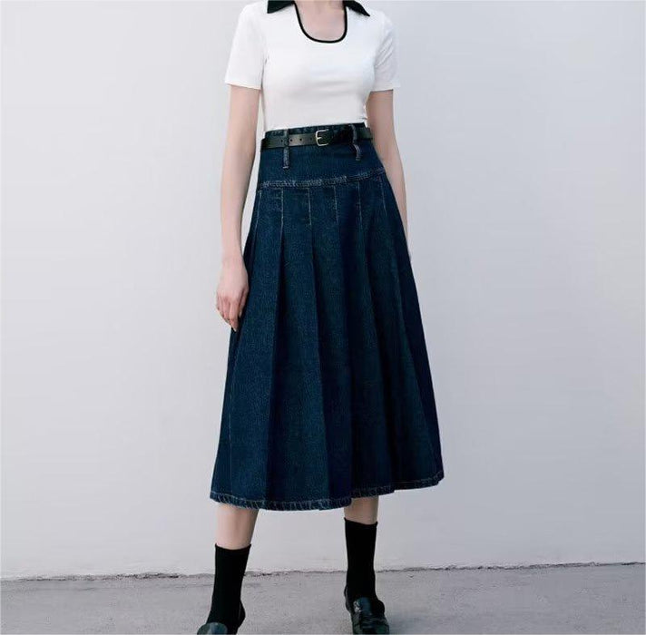 Color-Autumn Winter Solid Blue High Waist Stitching High-End Long Skirt Pleated Skirt Skirt-Fancey Boutique