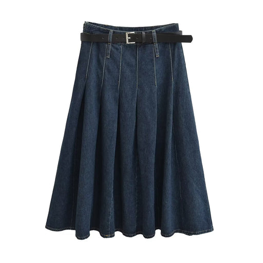 Color-Blue-Autumn Winter Solid Blue High Waist Stitching High-End Long Skirt Pleated Skirt Skirt-Fancey Boutique