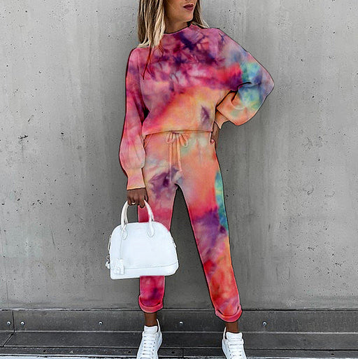 Color-Spring New Women Tie Dyed Print High Collar Long Sleeve Fashion Casual Set-Fancey Boutique