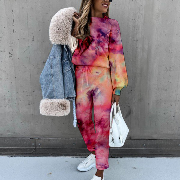 Color-Spring New Women Tie Dyed Print High Collar Long Sleeve Fashion Casual Set-Fancey Boutique