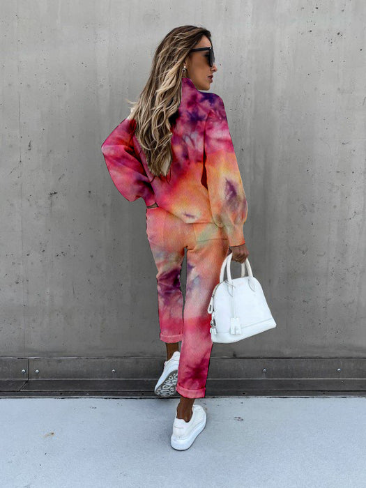 Color-Spring New Women Tie Dyed Print High Collar Long Sleeve Fashion Casual Set-Fancey Boutique