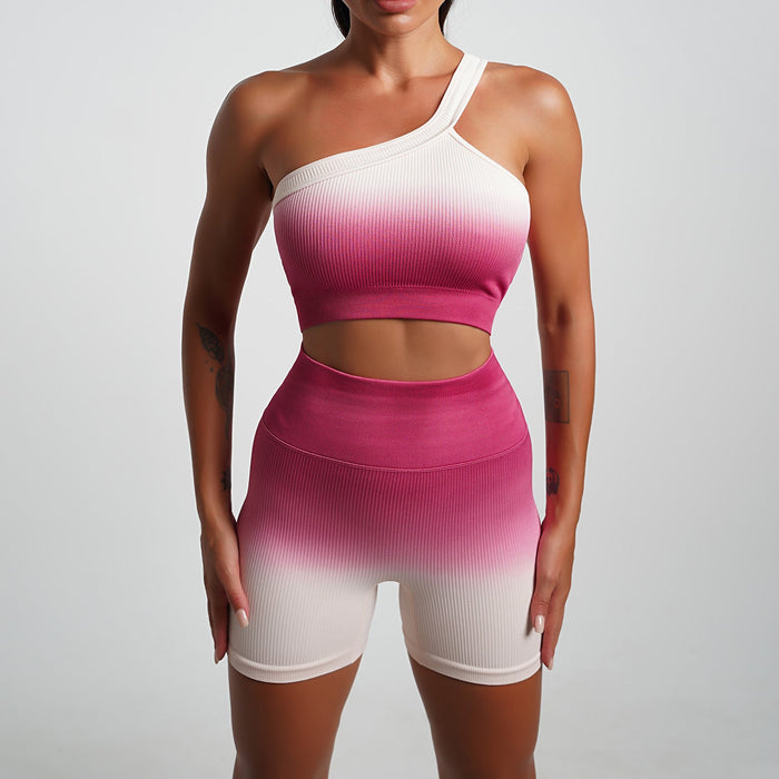 Color-Summer Gradient Women Clothing Yoga T shirt Short Sleeved Sports Shorts Tight Cropped Stretch Two Piece Set Women-Fancey Boutique