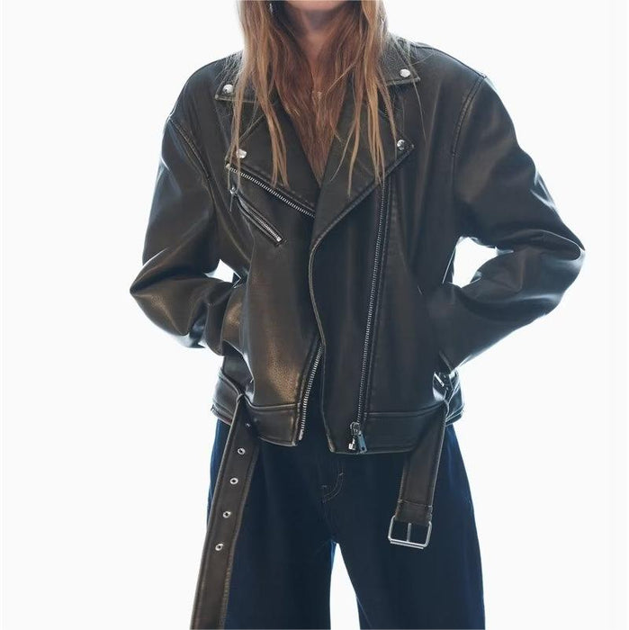 Color-Spring Autumn Retro Loose Faux Leather Motorcycle Jacket Coat Women-Fancey Boutique