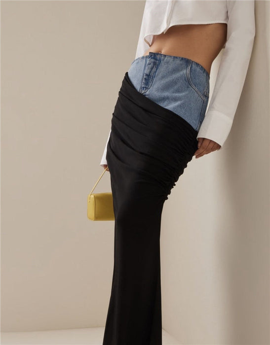 Color-Modern Deconstruction High Waist Skirt Women Spring Black Color Pleats Stitching Design Long Denim Skirt-Fancey Boutique