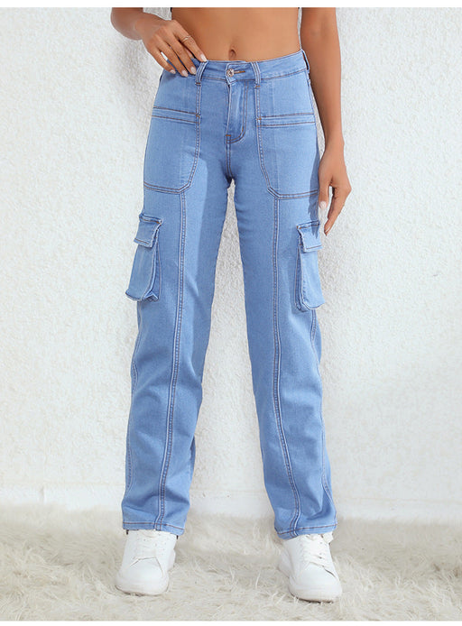 Color-High Waist Jeans Women Spring Autumn Straight Leg Pants Loose Elastic Big Workwear Pocket Jeans-Fancey Boutique