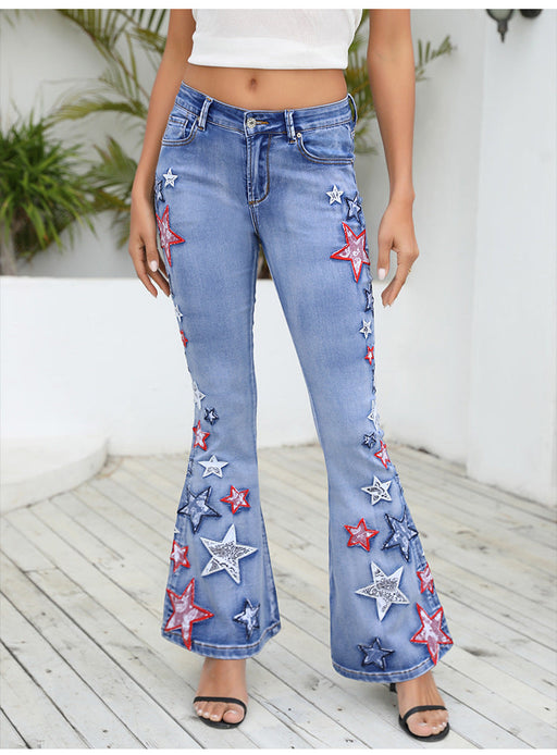 Color-Women Clothing Wide Leg Pants Denim Bell Bottom Pants Women Embroidered Patch Embroidered Trousers-Fancey Boutique