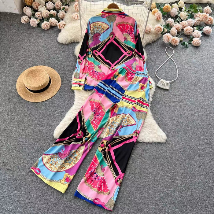 Color-Multi-Spring and Autumn New Fashion Printing Set Women Long Sleeve Loose Shirt Wide Leg Pants Two Piece Set-Fancey Boutique
