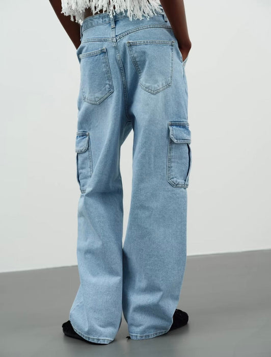 Color-Light Blue Jeans for Women Summer Sexy Big Pocket Straight Cargo Trousers-Fancey Boutique