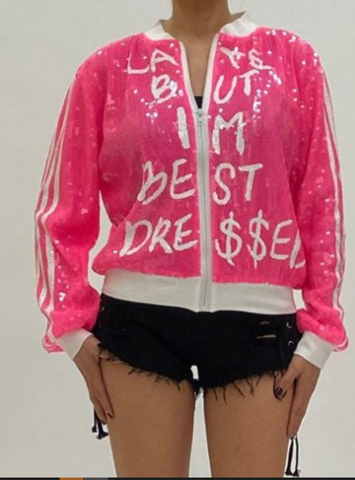 Color-Coral Red-Supply Spring Varsity Jacket Jacket Sexy Gradient Sequin Jacket-Fancey Boutique