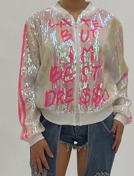 Color-White-Supply Spring Varsity Jacket Jacket Sexy Gradient Sequin Jacket-Fancey Boutique