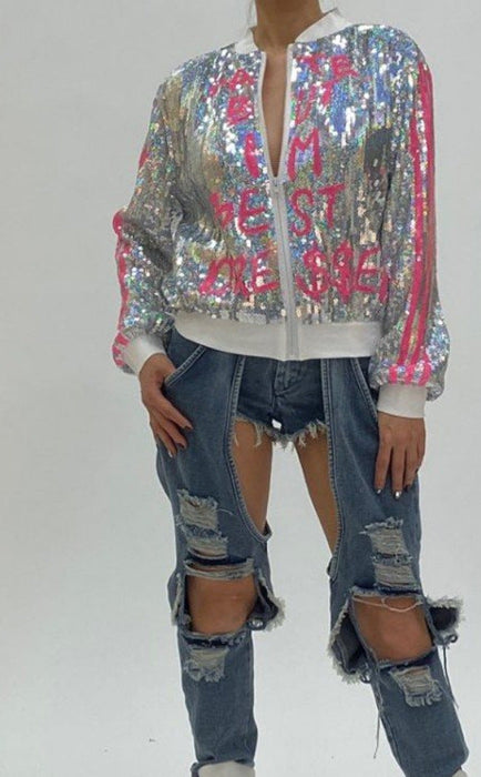 Color-Silver-Supply Spring Varsity Jacket Jacket Sexy Gradient Sequin Jacket-Fancey Boutique