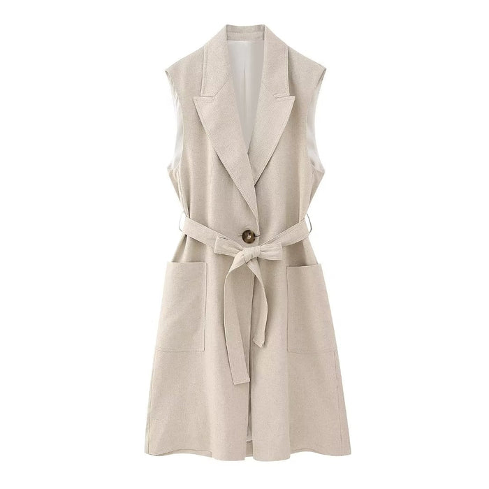 Color-Summer Women Clothes Hemp Cotton Belt Long Vest Trench Coat-Fancey Boutique