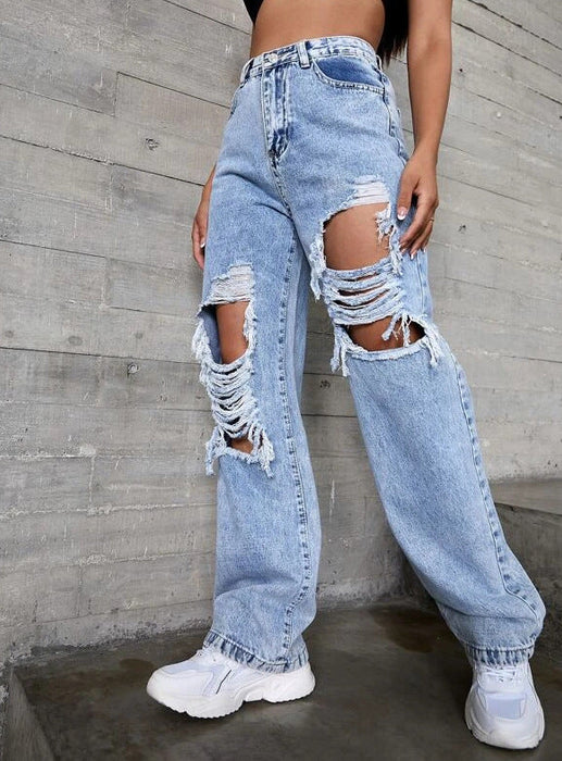 Color-Retro Blue-Jeans Quality High Waist Retro Blue Washed Ripped Straight Jeans Women Trend-Fancey Boutique