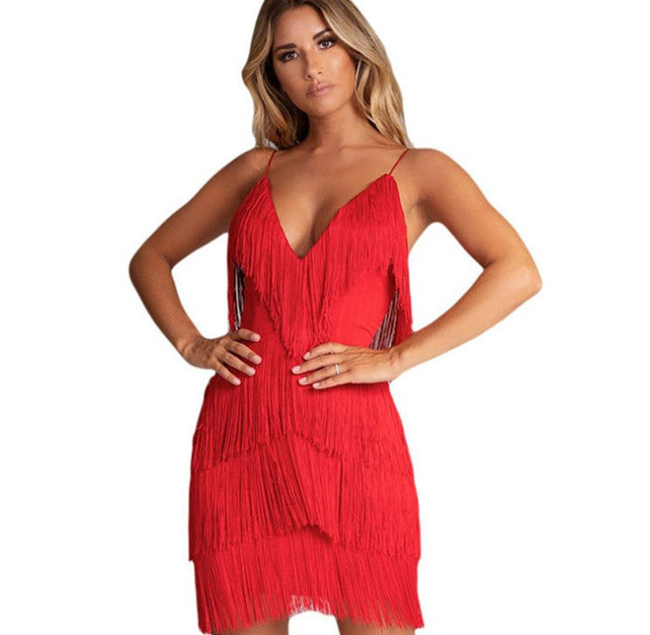 Color-Red-New Sexy Tassel Stitching Backless Dress Deep V-neck Dress-Fancey Boutique