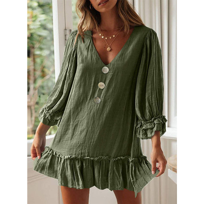 Color-Army Green-Women A- line Dress Loose Long Sleeve Ruffled Hem Cotton Linen Dress-Fancey Boutique