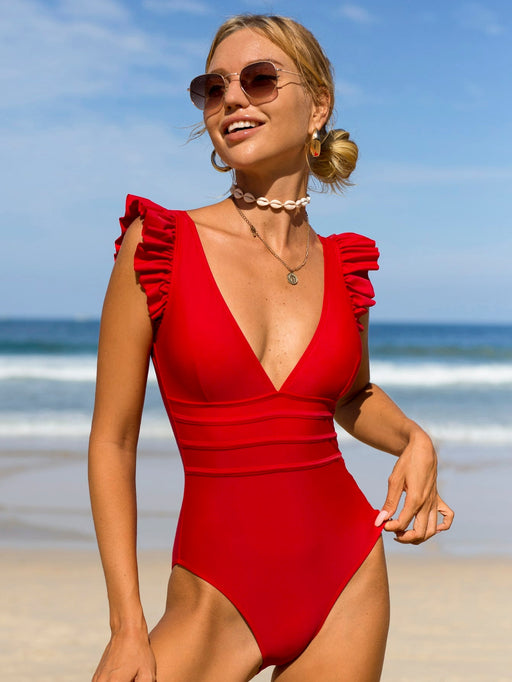 Color-Red-Bikinx Ruffle Trim Plunging Neck Ruched Waist One Piece Swimsuit-Fancey Boutique