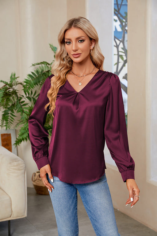 Color-Women Satin Pleated Long Sleeved Top V Neck Casual Loose Work Office Satin Shirt-Fancey Boutique