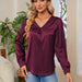 Color-Women Satin Pleated Long Sleeved Top V Neck Casual Loose Work Office Satin Shirt-Fancey Boutique
