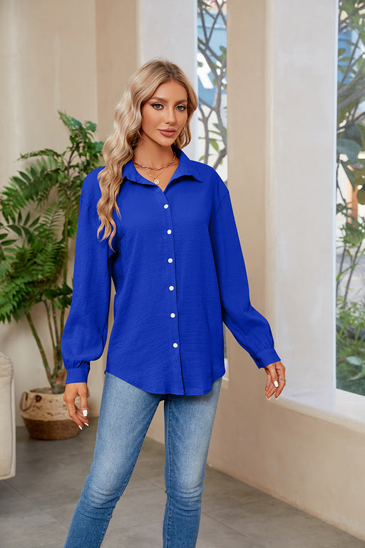 Color-Women V Neck Button Down Shirt Solid Color Bubble Wrinkle Loose Long Sleeve Shirt Top-Fancey Boutique
