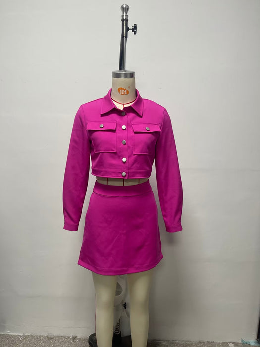 Color-Women Clothing Autumn Casual Long Sleeve Short Blazer Skort Suit-Fancey Boutique