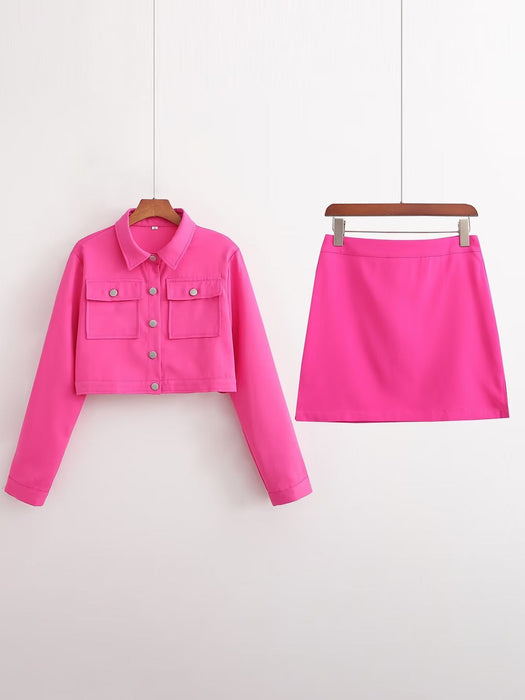 Color-Pink Suit-Women Clothing Autumn Casual Long Sleeve Short Blazer Skort Suit-Fancey Boutique