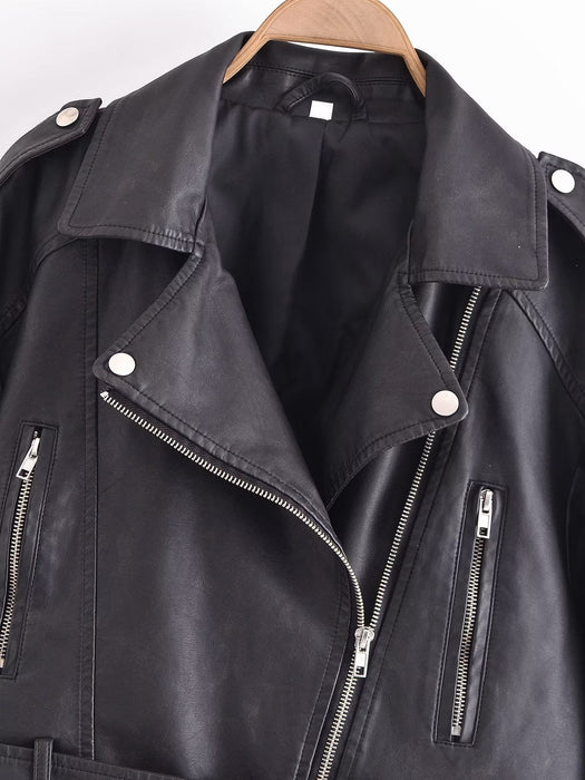 Color-Spring Women Clothing Zipper Ornament Motorcycle Leather Coat Black Leather Jacket Coat-Fancey Boutique