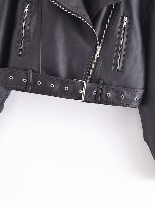 Color-Spring Women Clothing Zipper Ornament Motorcycle Leather Coat Black Leather Jacket Coat-Fancey Boutique