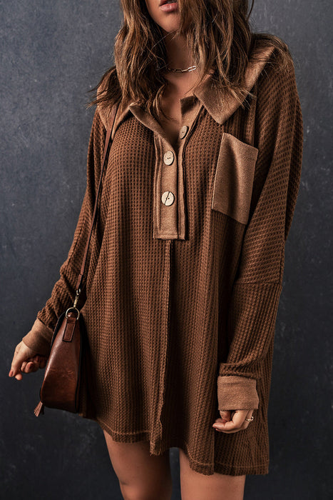 Color-Brown Mineral Dyed Vintage Waffle Smock Top Women Loose All Match T shirt-Fancey Boutique