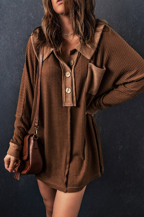 Color-Brown Mineral Dyed Vintage Waffle Smock Top Women Loose All Match T shirt-Fancey Boutique