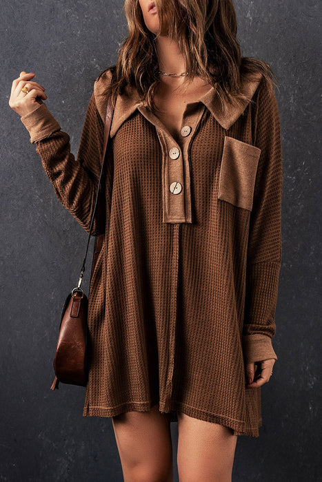 Color-Brown Mineral Dyed Vintage Waffle Smock Top Women Loose All Match T shirt-Fancey Boutique