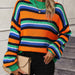 Color-Green-Autumn Winter Stitching Knitwear Loose Color Round Neck Striped Sweater Women-Fancey Boutique