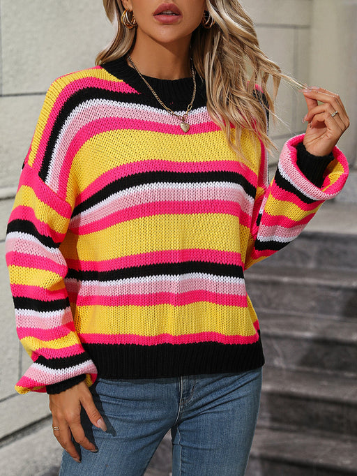 Color-Black-Autumn Winter Stitching Knitwear Loose Color Round Neck Striped Sweater Women-Fancey Boutique